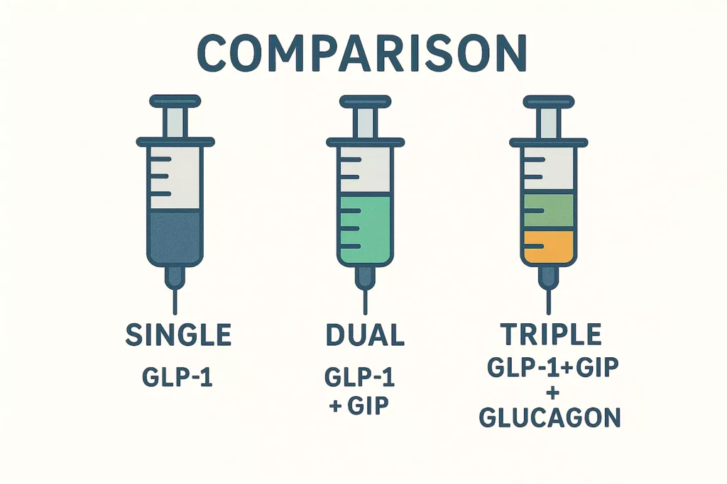Visual comparison of single, dual, and triple agonist mechanisms
