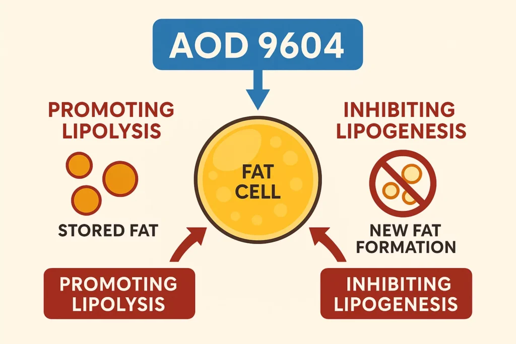 Diagram showing AOD 9604's dual action on fat cells - breaking down stored fat and blocking new fat storage