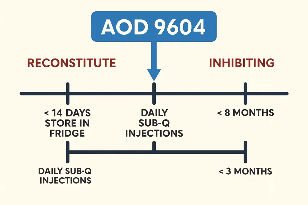 Timeline infographic showing typical AOD 9604 research protocol from reconstitution to cycle completion