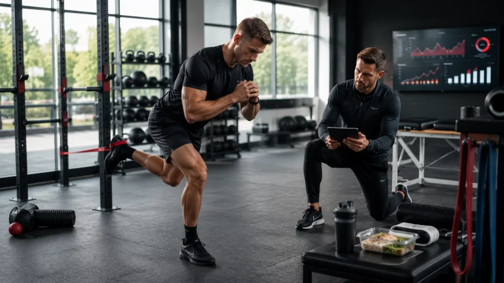 Male athlete performing controlled rehabilitation exercises with a strength coach