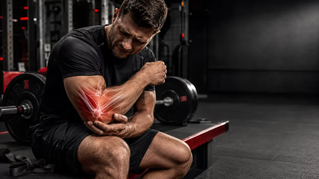 Strength athlete examining a painful elbow after weight training
