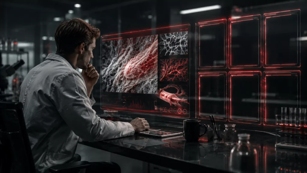 Research laboratory scene illustrating the gap between animal studies and human clinical evidence for BPC-157
