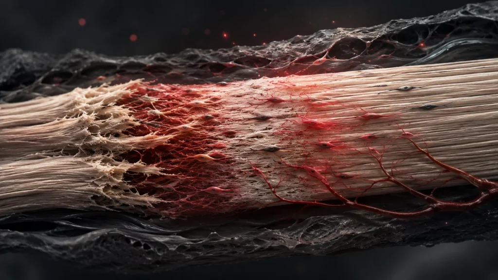 Scientific visualization of blood vessels and collagen fibers repairing a tendon