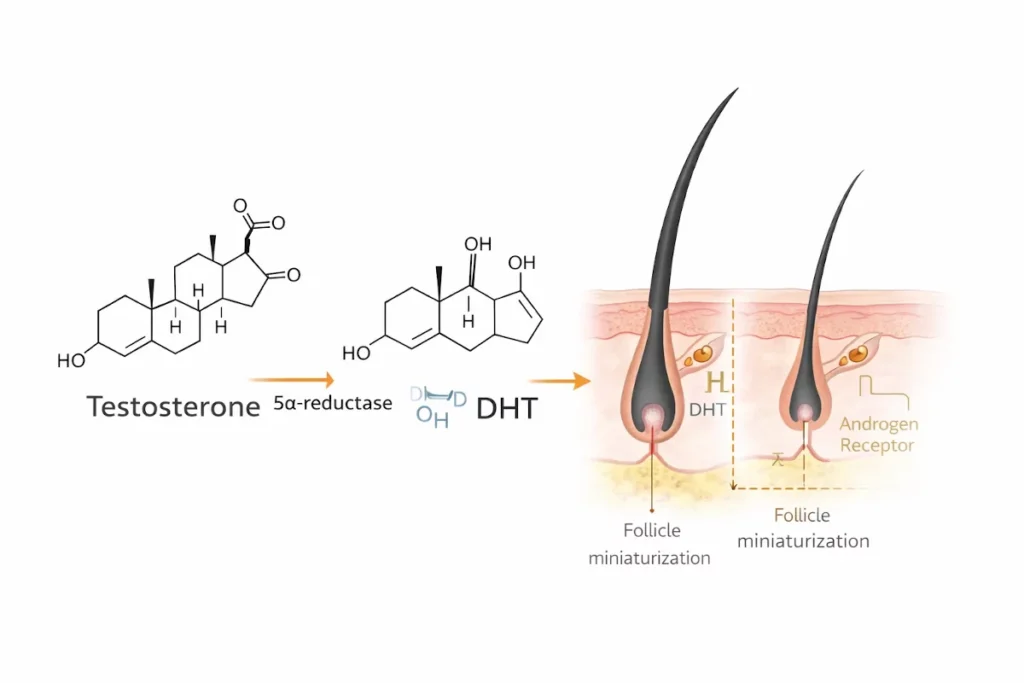 Illustration of testosterone converting to DHT and its effect on hair follicles