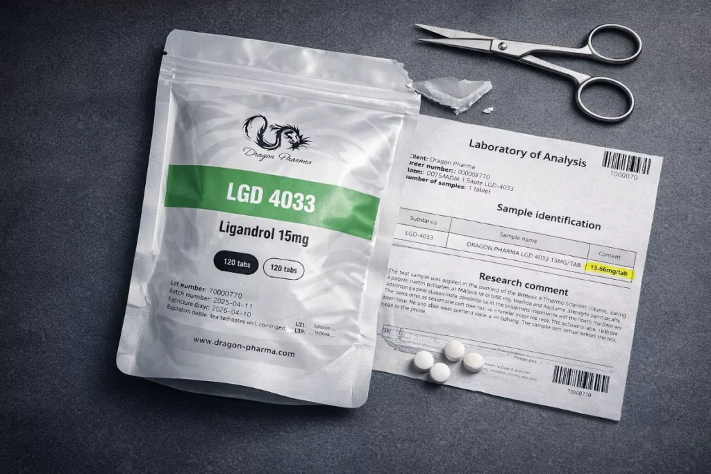 Dragon Pharma LGD 4033 15mg tablets in original sachet packaging with independent lab report showing 15.66mg per tablet