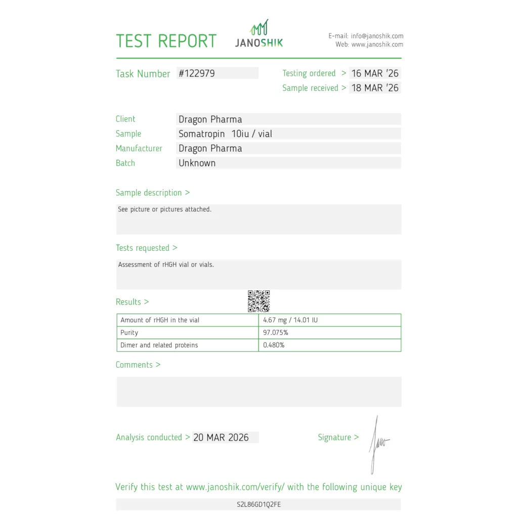 Dragontropin 10 IU lab report showing 14.01 IU potency and 97% purity
