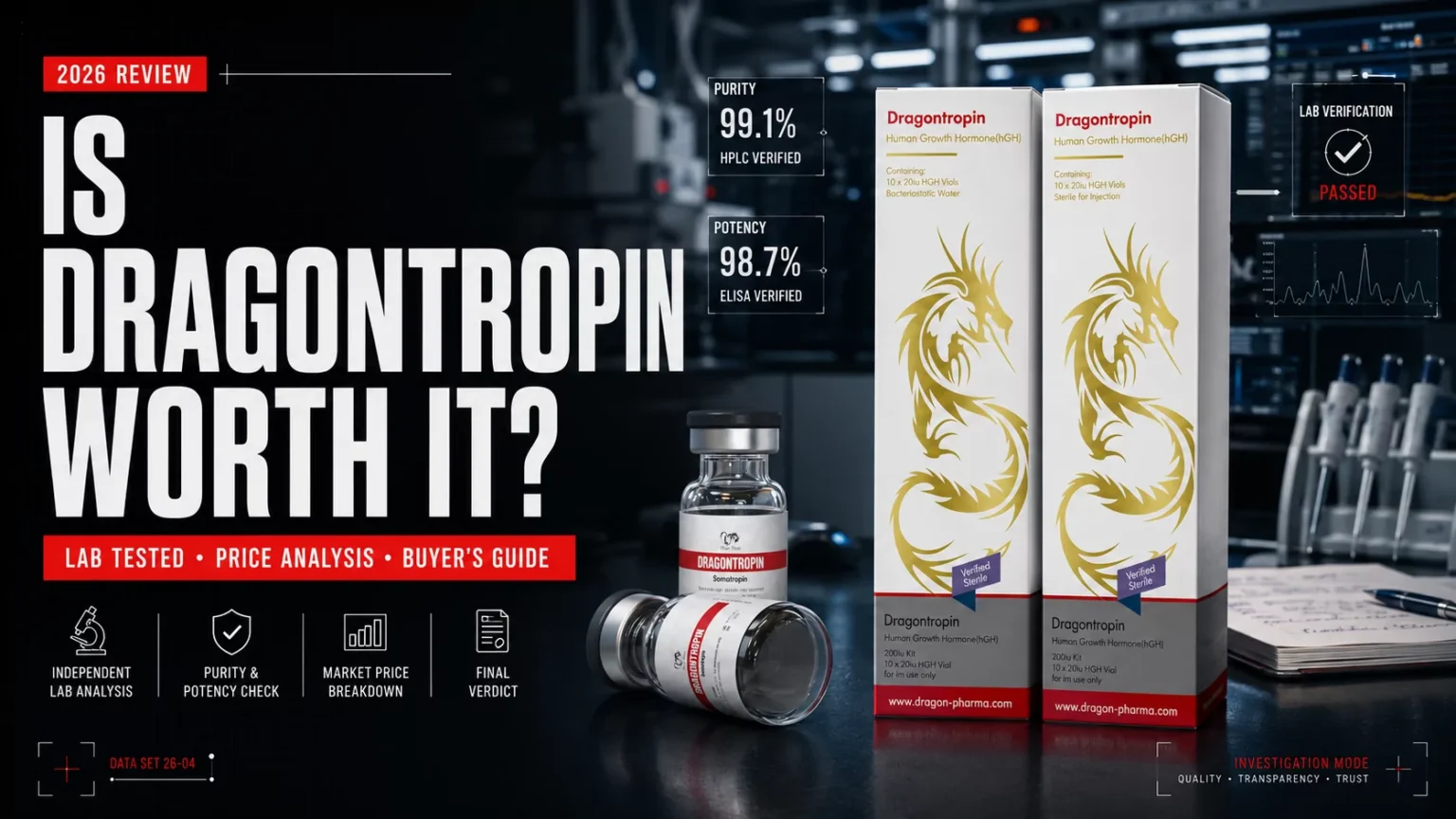 The Truth About Dragontropin: Is This HGH Brand Worth Your Money? Dragontropin 10 IU and 20 IU HGH kits in a laboratory quality control review setting