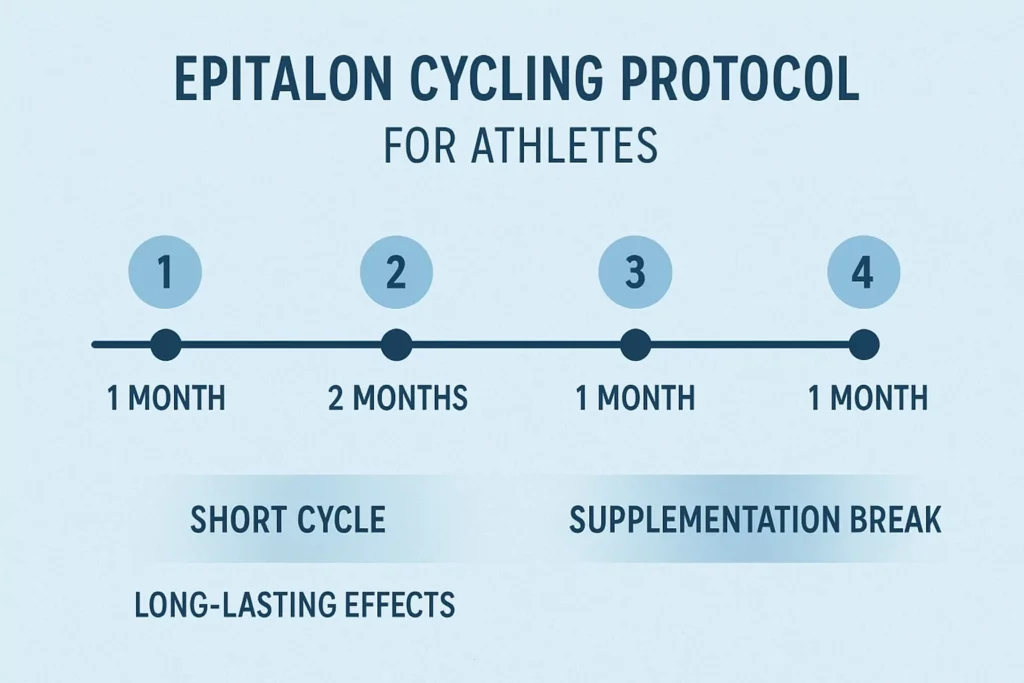 Visual timeline showing proper Epitalon cycling protocol for athletes