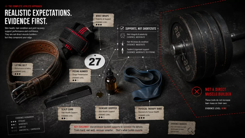 Bodybuilding expectation map separating possible GHK-Cu skin and tissue uses from unsupported muscle-gain claims