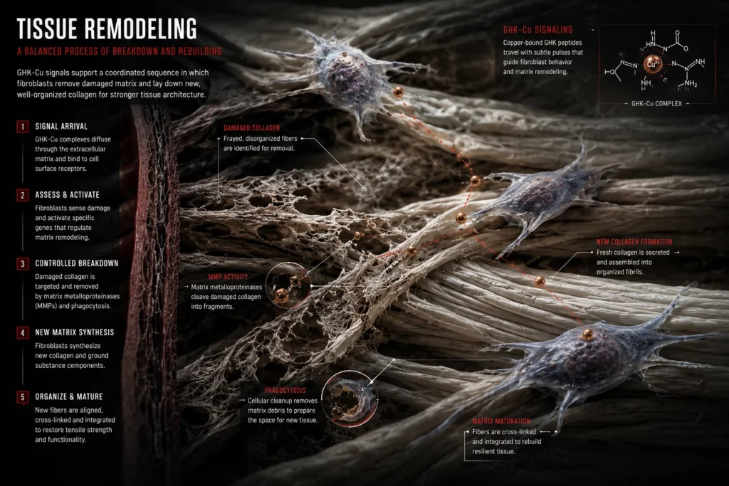 Editorial visualization of GHK-Cu supporting collagen turnover and tissue remodeling