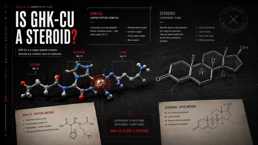 Molecular comparison showing GHK-Cu as a three-amino-acid copper peptide rather than a steroid