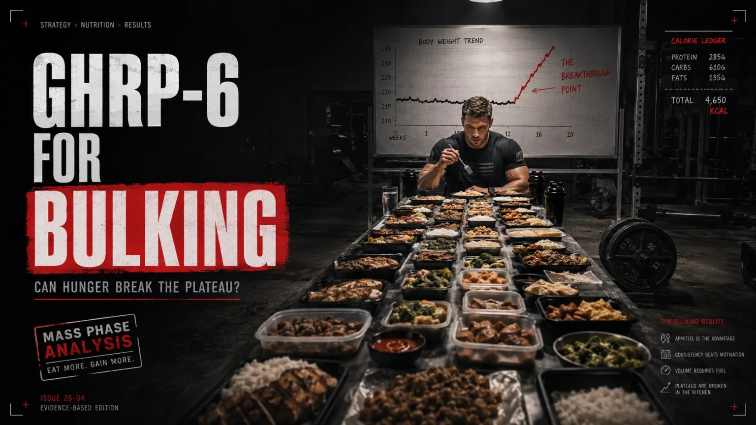 Bodybuilder facing a bulking plateau with a large meal and GHRP-6 appetite concept
