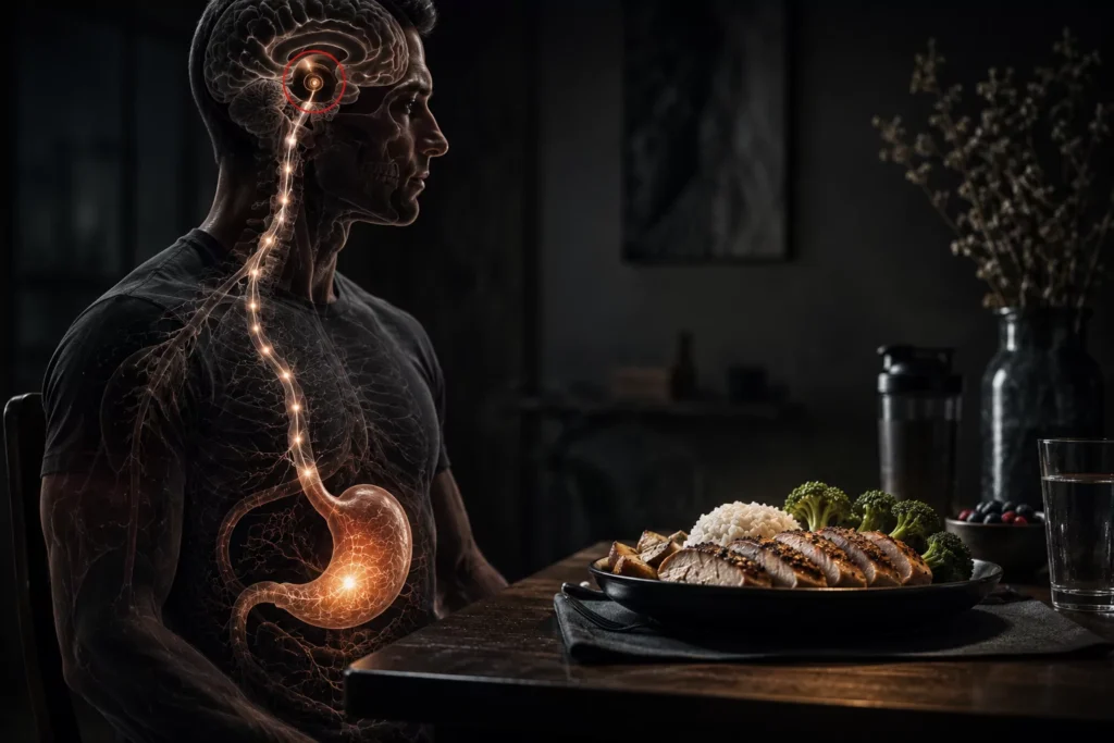 Scientific illustration of GHRP-6 activating ghrelin-receptor appetite signals between the stomach and brain