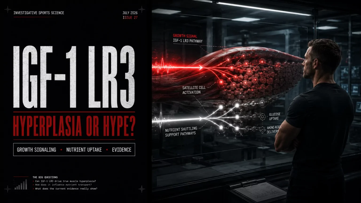 The Science of IGF-1 LR3: How It Promotes Hyperplasia and Nutrient Shuttling Athlete examining a visual model of IGF-1 signaling and muscle nutrient uptake