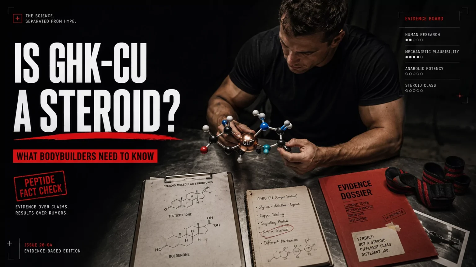 Bodybuilder holding a copper peptide molecular model beside the headline Is GHK-Cu a Steroid