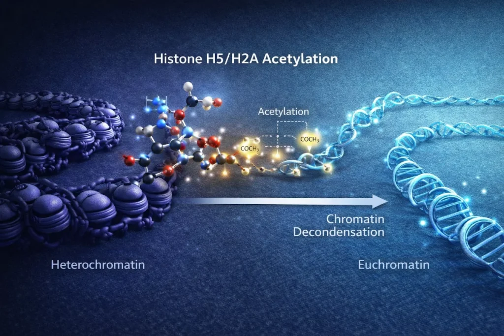 Diagram showing Livagen-induced histone H5/H2A acetylation and chromatin unwinding from heterochromatin to euchromatin
