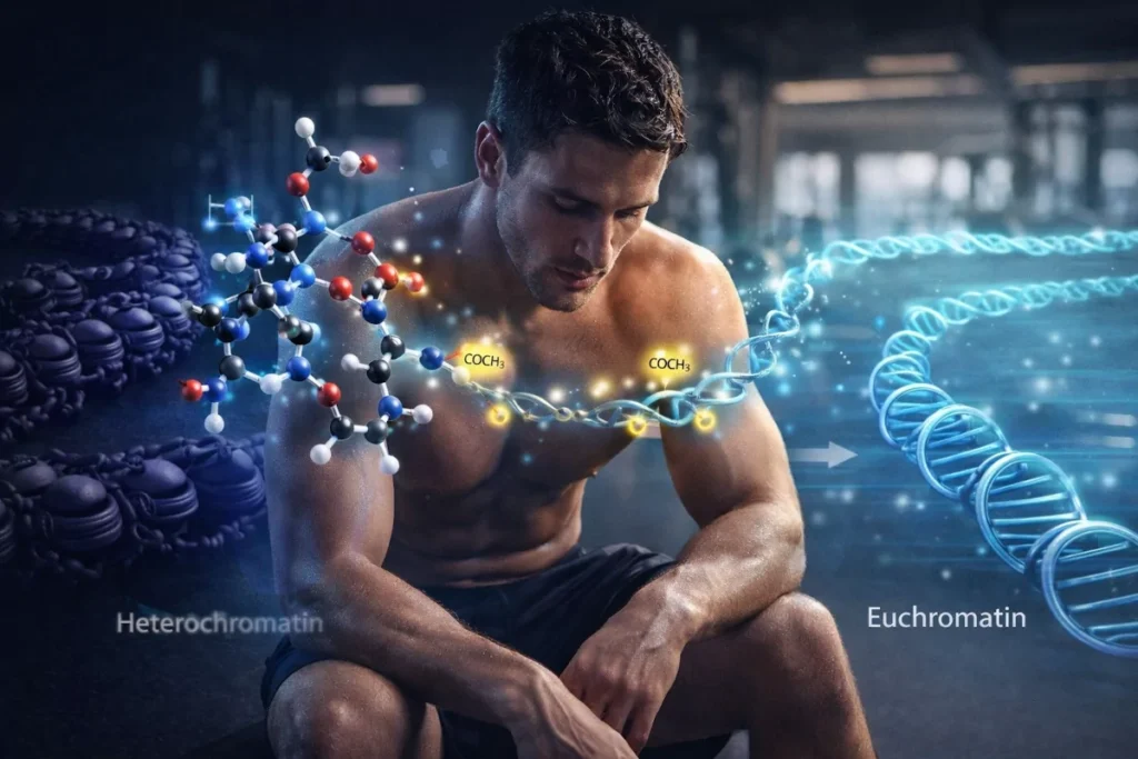 Male athlete in recovery phase with overlay of Livagen peptide molecular structure and chromatin remodeling diagram