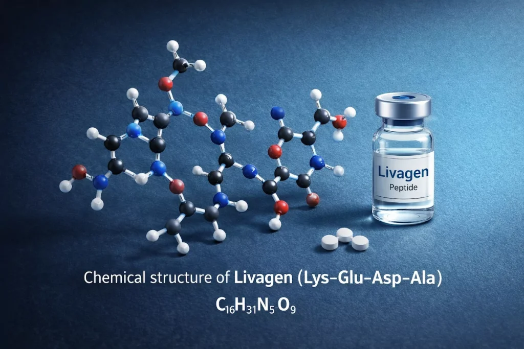 Chemical structure of Livagen (Lys-Glu-Asp-Ala) tetrapeptide with molecular formula C18H31N5O9 and vial representation