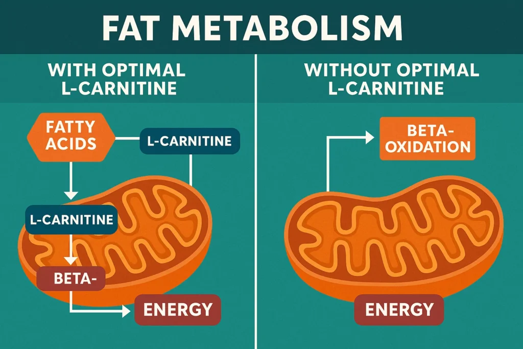 Infographic showing metabolic pathways with and without optimal L-Carnitine