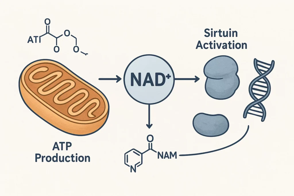 Detailed biochemical diagram illustrating NAD+ role in ATP production and cellular repair pathways