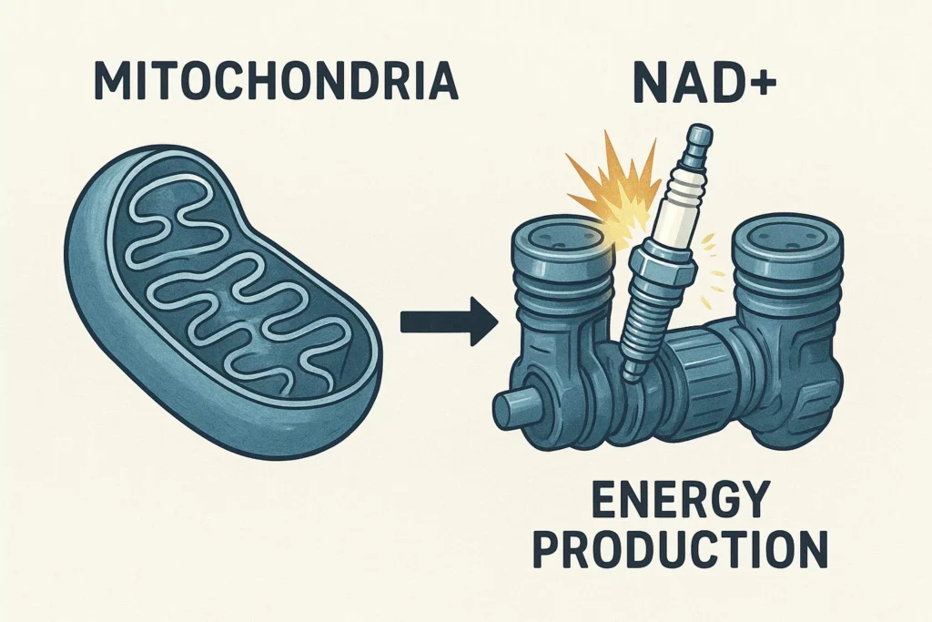 Visual analogy showing mitochondria as cellular engines and NAD+ as the essential spark plugs for energy production