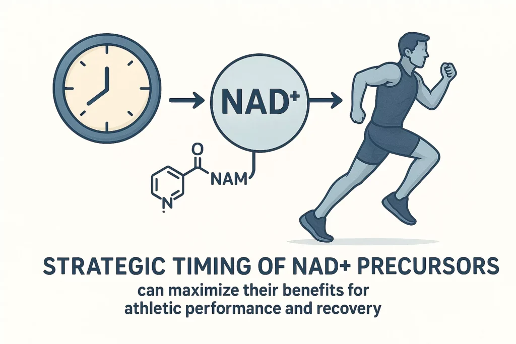 Infographic showing optimal timing for NAD+ precursor supplementation around workout schedules