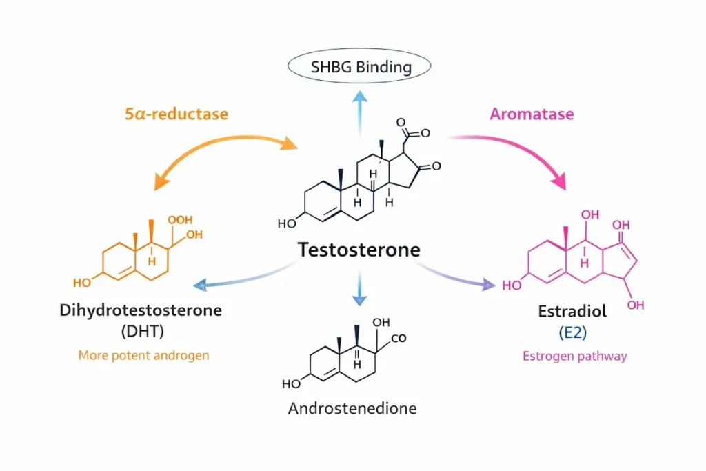Testosterone Pathways: What Happens to Testosterone in the Body? Diagram showing testosterone metabolic pathways including conversion to DHT and estradiol