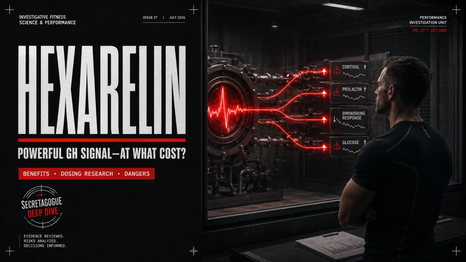 What is Hexarelin? The Ultimate Guide to Benefits, Dosing, and Dangers Athlete facing a powerful Hexarelin growth hormone signal with benefits and danger indicators