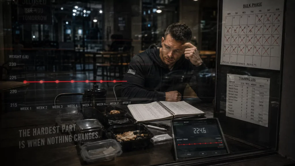 Bodybuilder reviewing stalled body-weight and calorie data during a bulking plateau